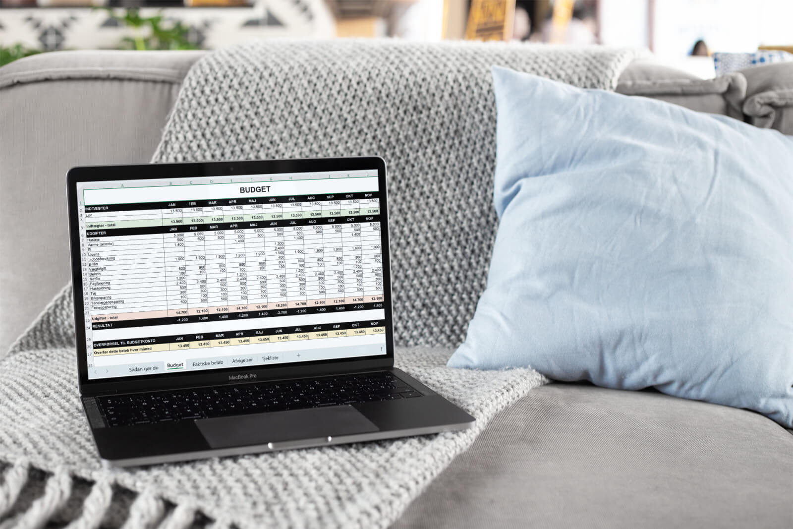 Budgetskema vist på bærbar computer i sofa - Kend Dine Penge
